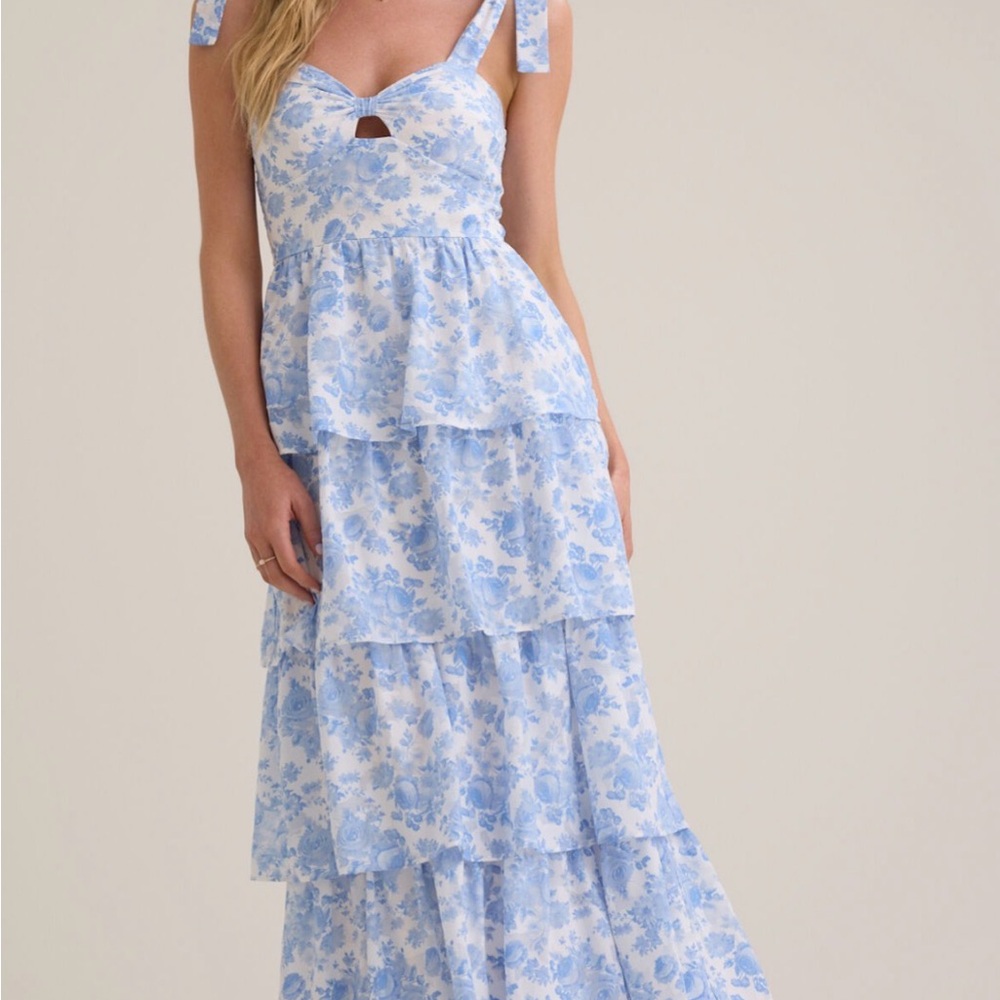Altar'd State Blue and White Floral Tiered Maxi Dress with Tie Straps